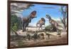 A Large Rajasaurus Roars in an Attempt to Scare Two Indosuchus Away from their Kill-null-Framed Art Print