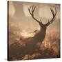 A Large Red Deer Stag Waits in the Early Morning Mists of Richmond Park-Alex Saberi-Stretched Canvas