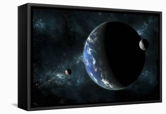 A Large Water Covered Planet with Two Moons Alone in Deep Space-Stocktrek Images-Framed Stretched Canvas
