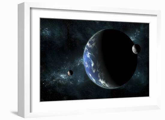 A Large Water Covered Planet with Two Moons Alone in Deep Space-Stocktrek Images-Framed Art Print