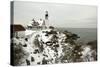 A Large Wreath is Hung on Portland Head Lighthouse in Maine to Celebrate the Holiday Season. Portla-Allan Wood Photography-Stretched Canvas