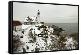 A Large Wreath is Hung on Portland Head Lighthouse in Maine to Celebrate the Holiday Season. Portla-Allan Wood Photography-Framed Stretched Canvas