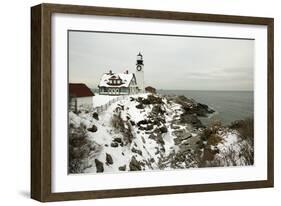 A Large Wreath is Hung on Portland Head Lighthouse in Maine to Celebrate the Holiday Season. Portla-Allan Wood Photography-Framed Photographic Print