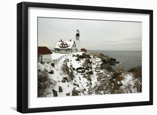 A Large Wreath is Hung on Portland Head Lighthouse in Maine to Celebrate the Holiday Season. Portla-Allan Wood Photography-Framed Photographic Print