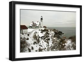 A Large Wreath is Hung on Portland Head Lighthouse in Maine to Celebrate the Holiday Season. Portla-Allan Wood Photography-Framed Photographic Print