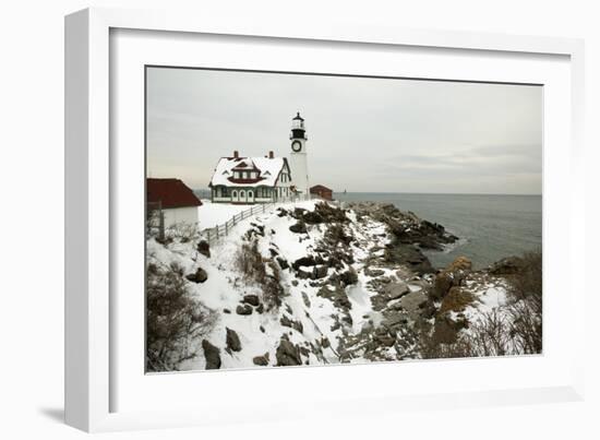 A Large Wreath is Hung on Portland Head Lighthouse in Maine to Celebrate the Holiday Season. Portla-Allan Wood Photography-Framed Photographic Print