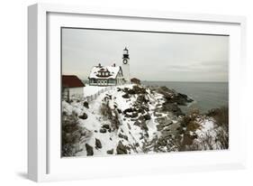 A Large Wreath is Hung on Portland Head Lighthouse in Maine to Celebrate the Holiday Season. Portla-Allan Wood Photography-Framed Photographic Print