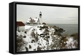 A Large Wreath is Hung on Portland Head Lighthouse in Maine to Celebrate the Holiday Season. Portla-Allan Wood Photography-Framed Stretched Canvas