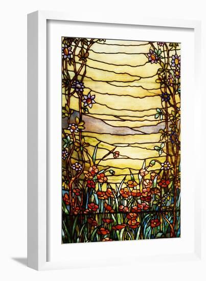 A Leaded Glass Landscape Window Depicting View of Red Flowers and a Stream-Tiffany Studios-Framed Giclee Print