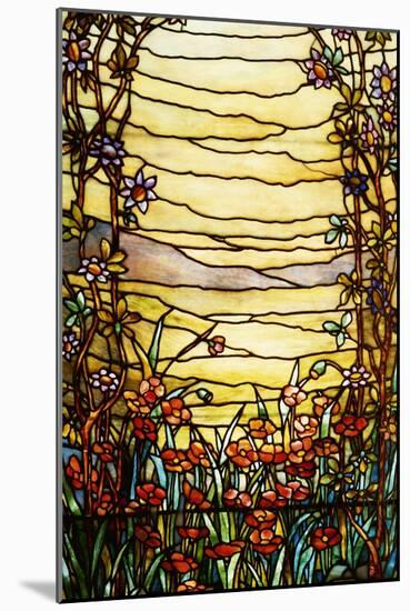 A Leaded Glass Landscape Window Depicting View of Red Flowers and a Stream-Tiffany Studios-Mounted Giclee Print