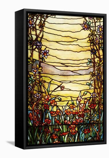 A Leaded Glass Landscape Window Depicting View of Red Flowers and a Stream-Tiffany Studios-Framed Stretched Canvas