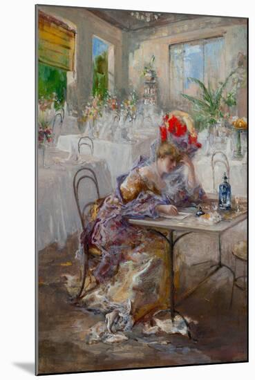 A Letter or Lady at the Cafe, 1908 (Oil on Cardboard)-Pompeo Mariani-Mounted Giclee Print