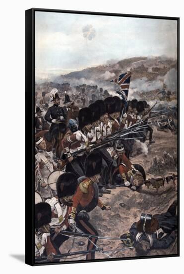 A Line of Coldstream Guardsmen with Fixed Bayonets Advancing under Fire Towards the Enemy, Battle…-Richard Caton Woodville-Framed Stretched Canvas