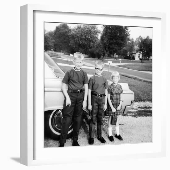 A Lineup of Kids by the Family Car. 1965-null-Framed Photographic Print