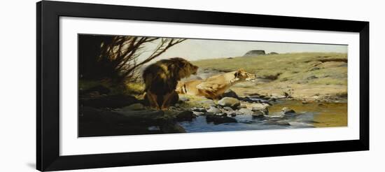 A Lion and Lioness at a Stream-Wilhelm Kuhnert-Framed Giclee Print