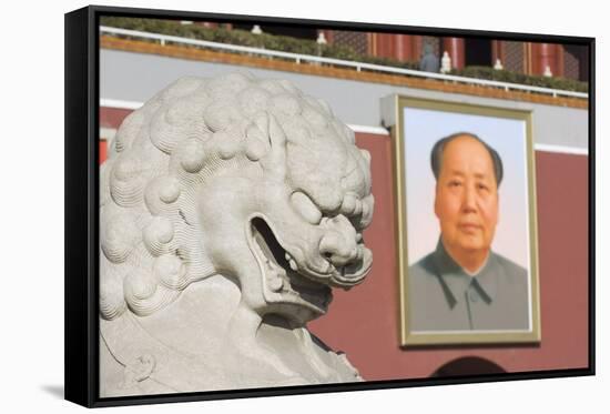 A Lion Statue and Picture of Mao Tse Dong on the Gate of Heavenly Peace Tiananmen Square, Beijing-Christian Kober-Framed Stretched Canvas
