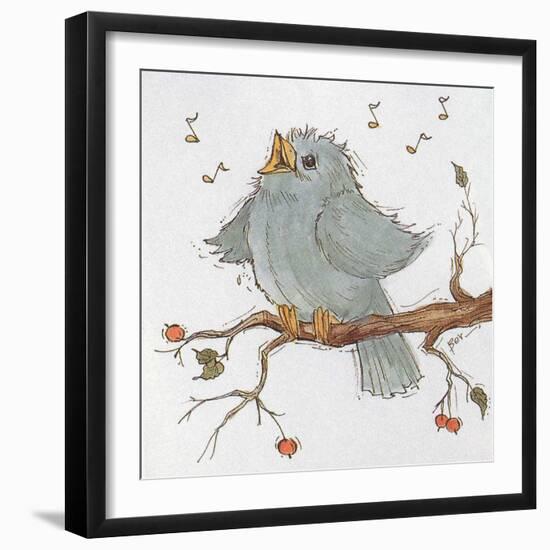 A Little Blue Bird Chirping on a Branch-Beverly Johnston-Framed Giclee Print