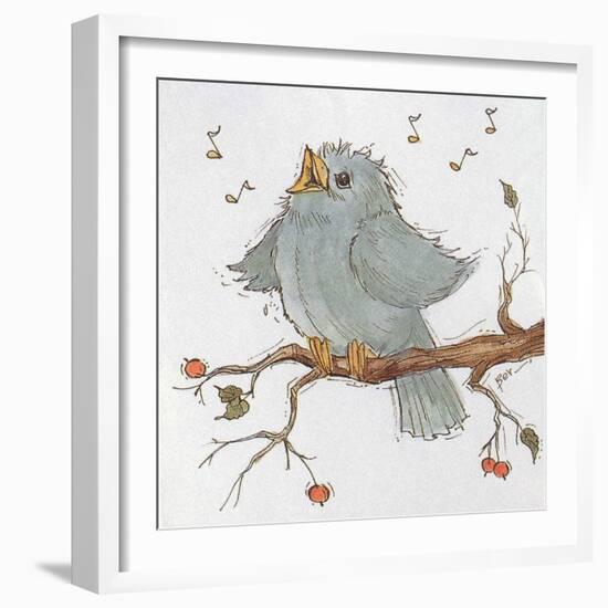 A Little Blue Bird Chirping on a Branch-Beverly Johnston-Framed Giclee Print