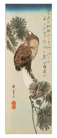 A Little Brown Owl on a Pine Branch with a Crescent Moon Behind-Ando Hiroshige-Framed Giclee Print