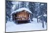 A log cabin is decorated with holiday lights and a green wreath on the door, Alaska-Design Pics-Mounted Photographic Print