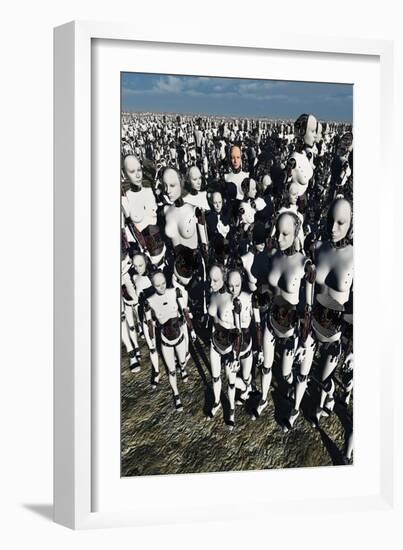 A Lone Android with a Human Flesh Colored Face Amongst a Crowd of Robots-null-Framed Art Print