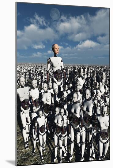 A Lone Android with a Human Flesh Colored Face Amongst a Crowd of Robots-null-Mounted Art Print