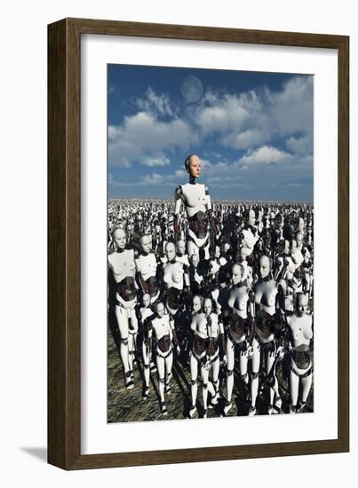 A Lone Android with a Human Flesh Colored Face Amongst a Crowd of Robots-null-Framed Art Print