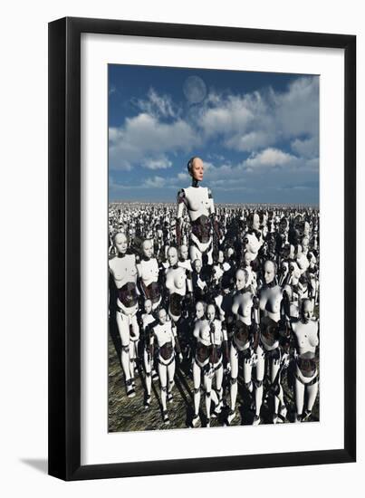 A Lone Android with a Human Flesh Colored Face Amongst a Crowd of Robots-null-Framed Art Print