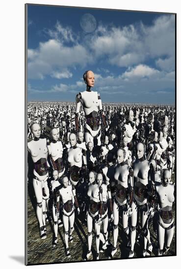 A Lone Android with a Human Flesh Colored Face Amongst a Crowd of Robots-null-Mounted Art Print