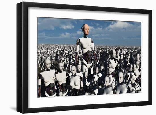 A Lone Android with a Human Flesh Colored Face Amongst a Crowd of Robots-null-Framed Art Print