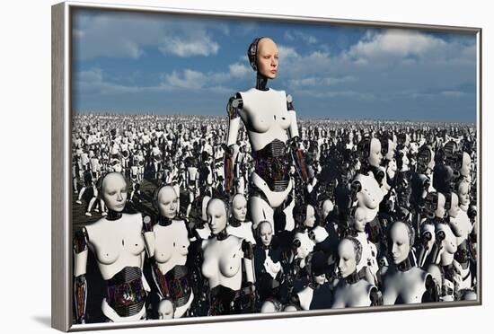 A Lone Android with a Human Flesh Colored Face Amongst a Crowd of Robots-null-Framed Art Print