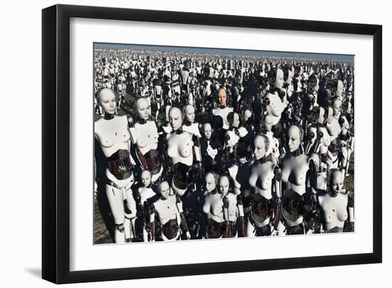 A Lone Android with a Human Flesh Colored Face Amongst a Crowd of Robots-null-Framed Art Print