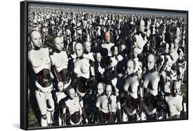 A Lone Android with a Human Flesh Colored Face Amongst a Crowd of Robots-null-Framed Art Print