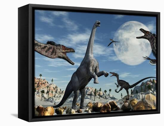 A Lone Camarasaurus Dinosaur Is Confronted by a Pack of Velociraptors-Stocktrek Images-Framed Stretched Canvas