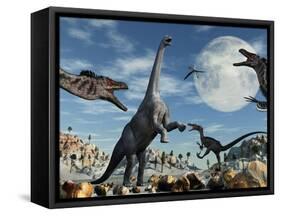 A Lone Camarasaurus Dinosaur Is Confronted by a Pack of Velociraptors-Stocktrek Images-Framed Stretched Canvas