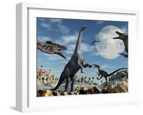 A Lone Camarasaurus Dinosaur Is Confronted by a Pack of Velociraptors-Stocktrek Images-Framed Photographic Print