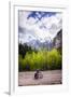 A Lone Cyclist Travels Along a Mountain Road with Trees and the Julian Alps in the Background-Sean Cooper-Framed Premium Photographic Print