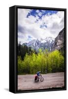 A Lone Cyclist Travels Along a Mountain Road with Trees and the Julian Alps in the Background-Sean Cooper-Framed Stretched Canvas