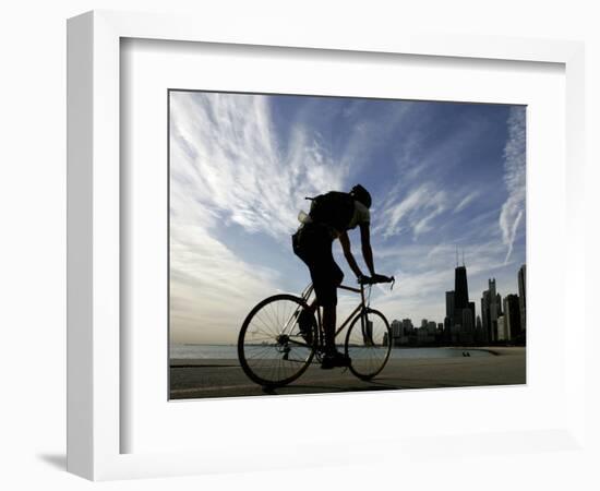 A Lone Cyclists Pedals Along Lake Michigan-null-Framed Photographic Print