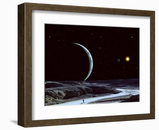 A Lone Explorer Follows an Ancient Riverbed While His Planet Floats in the Black Star-Filled Sky-null-Framed Photographic Print