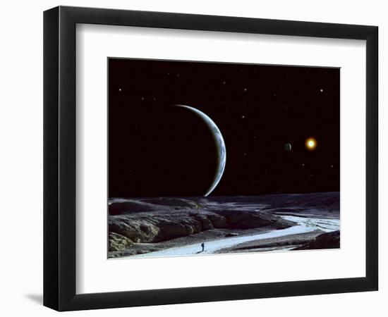 A Lone Explorer Follows an Ancient Riverbed While His Planet Floats in the Black Star-Filled Sky-null-Framed Photographic Print
