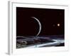 A Lone Explorer Follows an Ancient Riverbed While His Planet Floats in the Black Star-Filled Sky-null-Framed Photographic Print