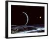 A Lone Explorer Follows an Ancient Riverbed While His Planet Floats in the Black Star-Filled Sky-null-Framed Photographic Print