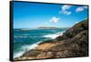 A lone fisherman sea fishing on Muttonbird Island, Coffs Harbour, New South Wales, Australia, Pacif-Andrew Michael-Framed Stretched Canvas