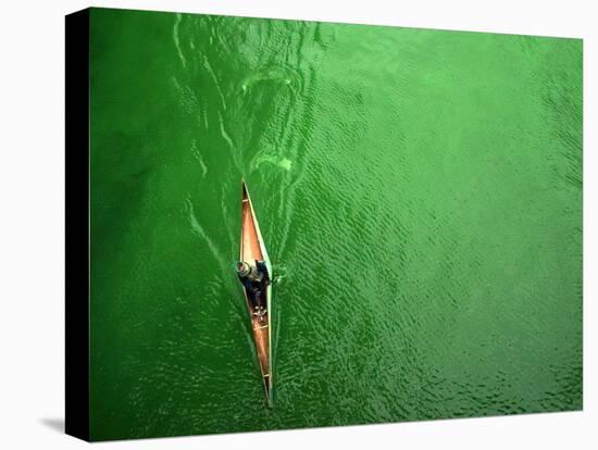 A Lone Kayaker Travels Down the Chicago River after It was Painted Green-null-Stretched Canvas