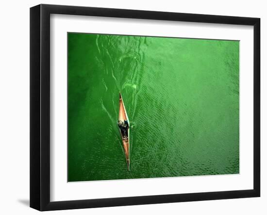 A Lone Kayaker Travels Down the Chicago River after It was Painted Green-null-Framed Photographic Print