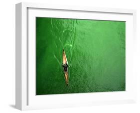 A Lone Kayaker Travels Down the Chicago River after It was Painted Green-null-Framed Photographic Print