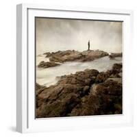 A Lone Man Standing on Large Rocks with the Seas Swirling around Them-Luis Beltran-Framed Photographic Print