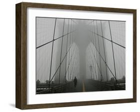 A Lone Runner Makes His Way Across the Fog-Shrouded Brooklyn Bridge Christmas Morning-null-Framed Premium Photographic Print