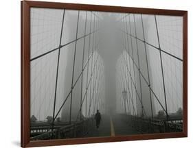 A Lone Runner Makes His Way Across the Fog-Shrouded Brooklyn Bridge Christmas Morning-null-Framed Photographic Print